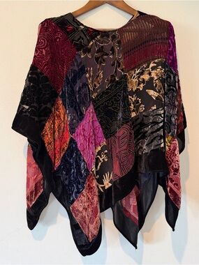Vintage Patchwork Silk Blend Burnout Velvet Poncho Handkerchief Hem One Size